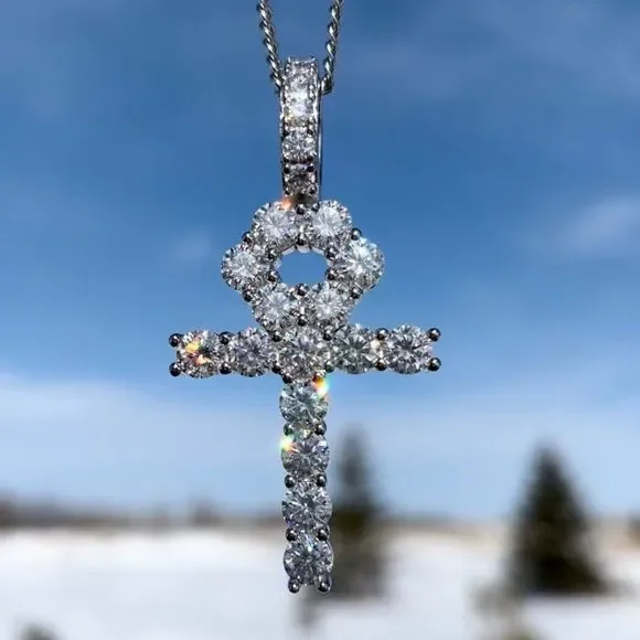 SUPER ICY 8.1ctw VVS1 Moissanite Ankh Pendant Necklace Solid 925 Sterling Silver